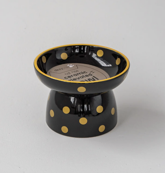 Cat Ceramic Bowl - Black & Gold Metallic Polka Dot