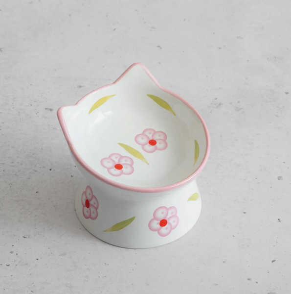 Cat Ceramic Bowl - Floral White & Blush Pink