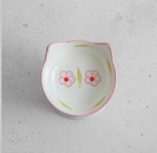 Cat Ceramic Bowl - Floral White & Blush Pink