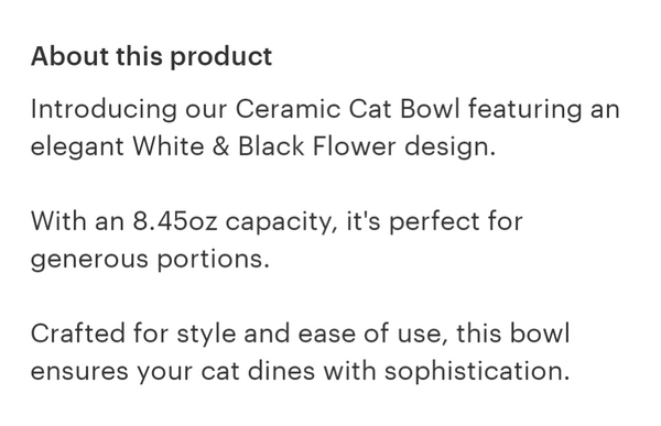 Cat Ceramic Bowl - White & Black Flower