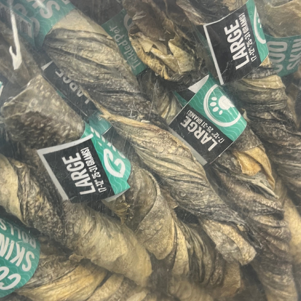 Tickled Pet - Dog - Treats - Icelandic -BULK- Codfish Skin Rolls 7 - 10"