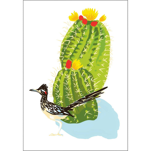 Desert Flowering Cactus & Roadrunner Bird