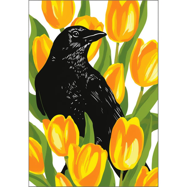 Crow & Tulips Magnet: Garden Flowers & Backyard Bird