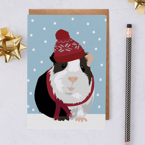 Christmas Card with Guinea Pig in wooly hat