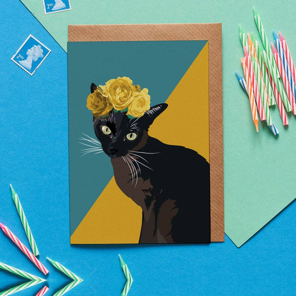 Betty the Siamese Cat with flower crown greeting card